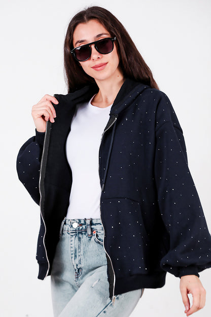 Kadın Taş Detay Kapşonlu Önü Fermuarlı Ceket Lacivert