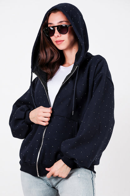 Kadın Taş Detay Kapşonlu Önü Fermuarlı Ceket Lacivert