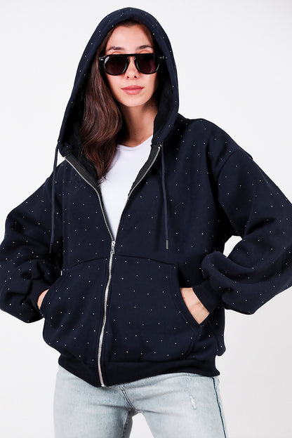 Kadın Taş Detay Kapşonlu Önü Fermuarlı Ceket Lacivert