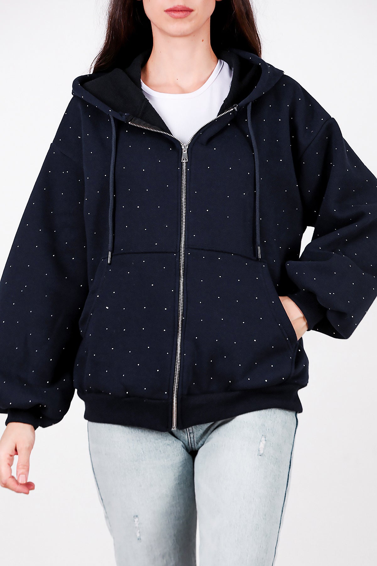 Kadın Taş Detay Kapşonlu Önü Fermuarlı Ceket Lacivert