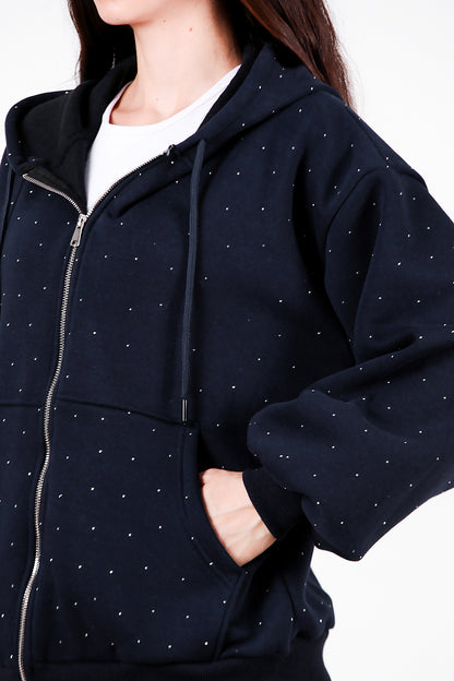 Kadın Taş Detay Kapşonlu Önü Fermuarlı Ceket Lacivert