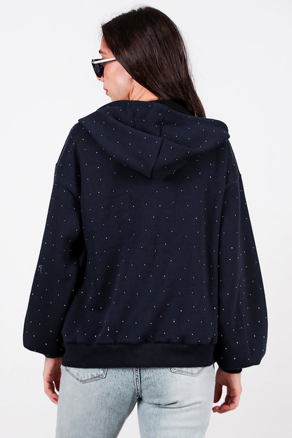 Kadın Taş Detay Kapşonlu Önü Fermuarlı Ceket Lacivert