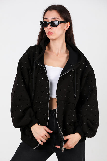 Kadın Taş Detay Kapşonlu Önü Fermuarlı Ceket Siyah