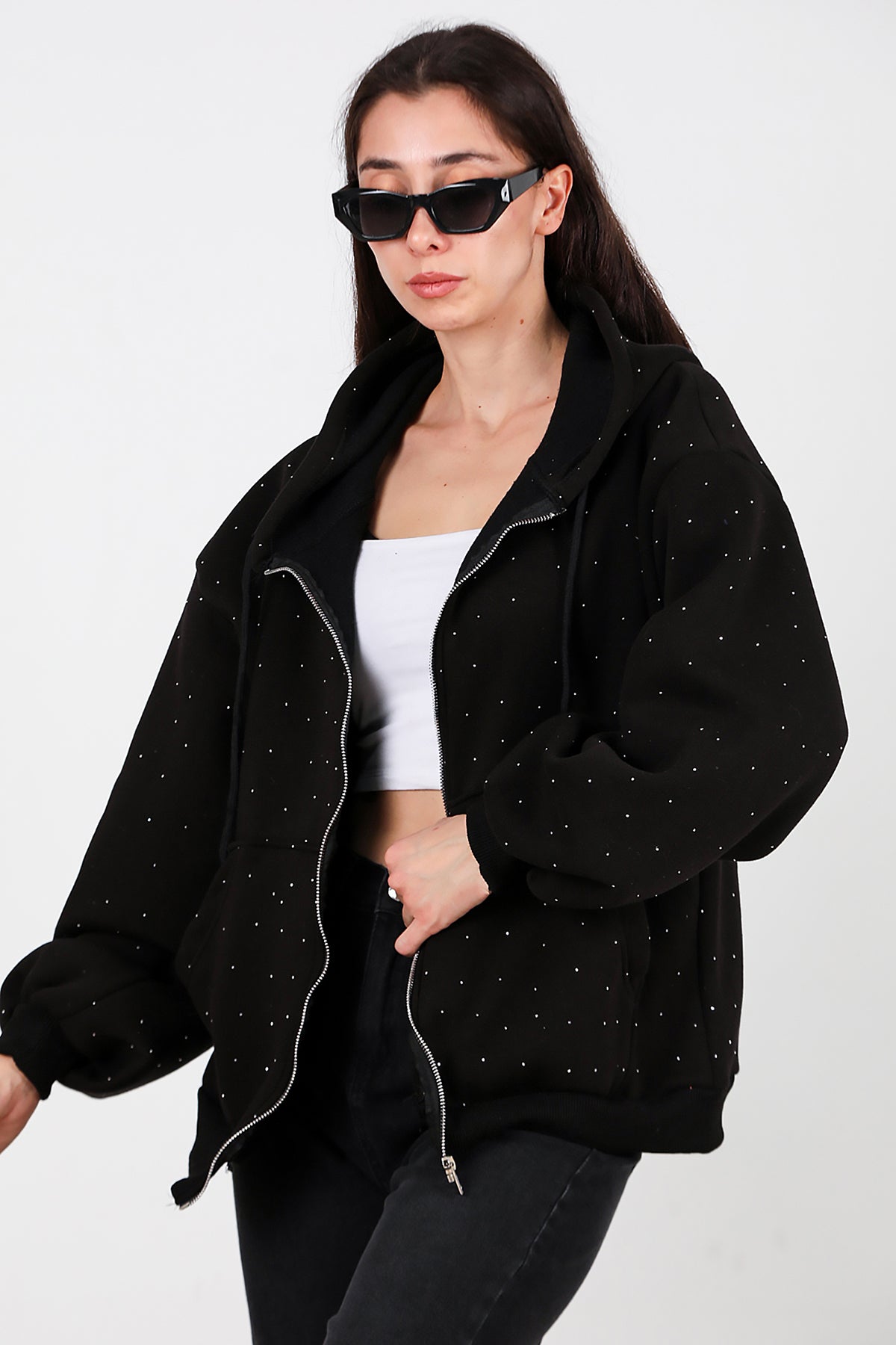 Kadın Taş Detay Kapşonlu Önü Fermuarlı Ceket Siyah