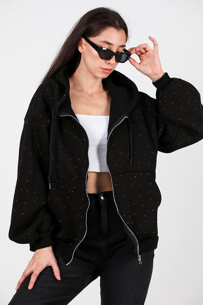 Kadın Taş Detay Kapşonlu Önü Fermuarlı Ceket Siyah