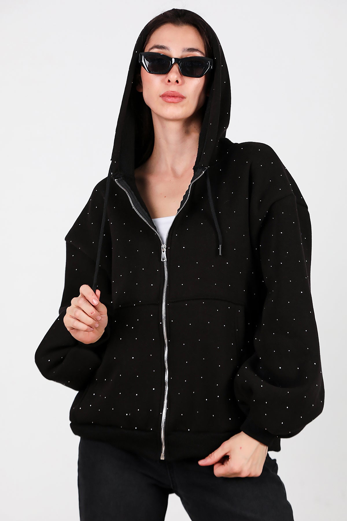 Kadın Taş Detay Kapşonlu Önü Fermuarlı Ceket Siyah