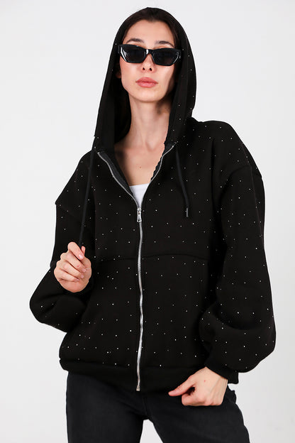 Kadın Taş Detay Kapşonlu Önü Fermuarlı Ceket Siyah