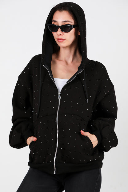 Kadın Taş Detay Kapşonlu Önü Fermuarlı Ceket Siyah