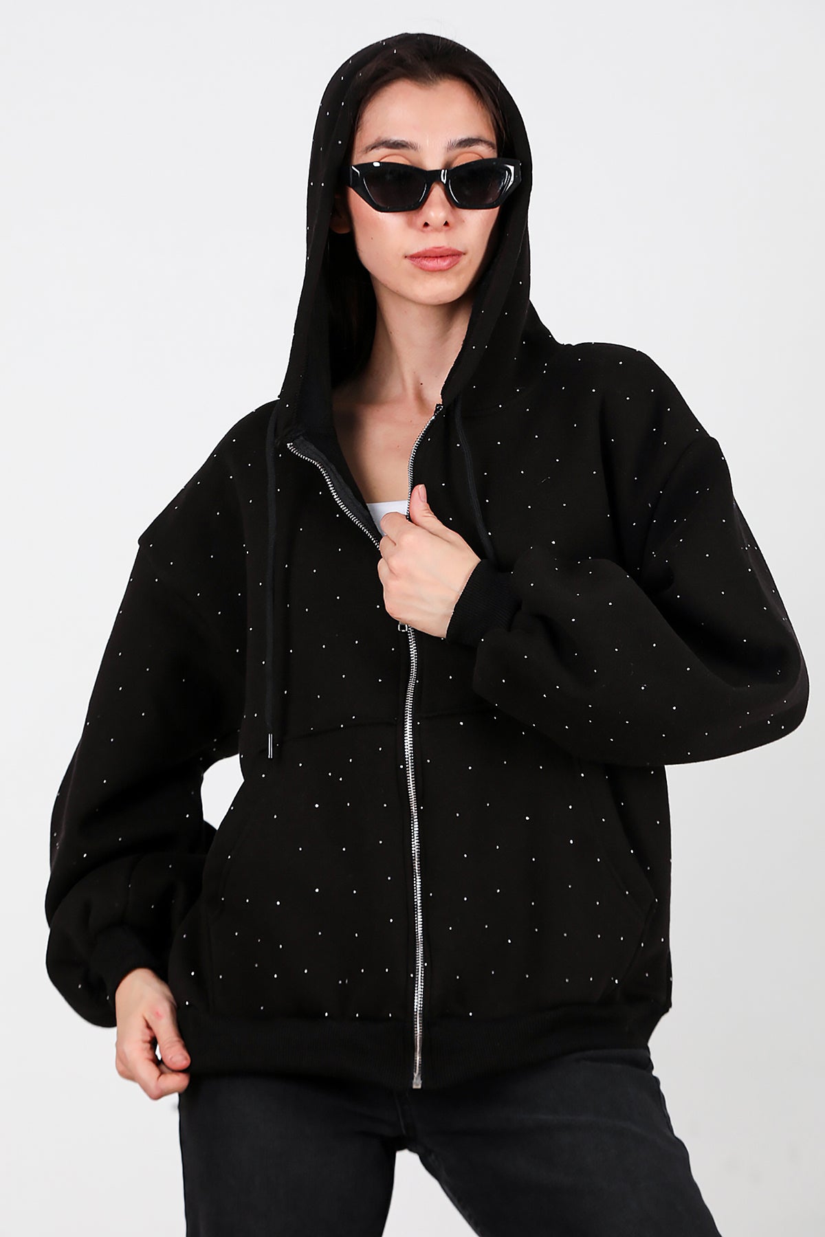 Kadın Taş Detay Kapşonlu Önü Fermuarlı Ceket Siyah