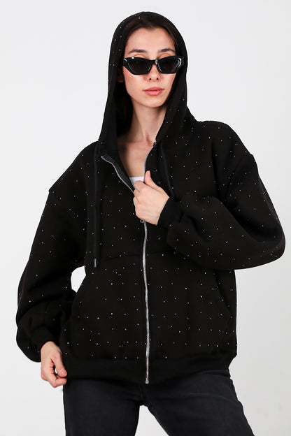 Kadın Taş Detay Kapşonlu Önü Fermuarlı Ceket Siyah