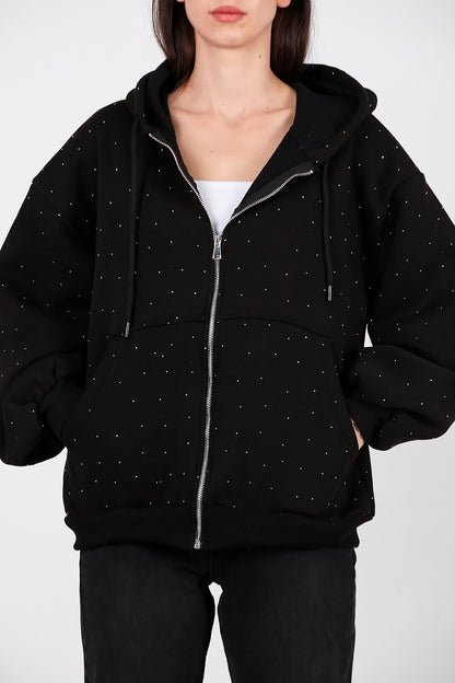 Kadın Taş Detay Kapşonlu Önü Fermuarlı Ceket Siyah
