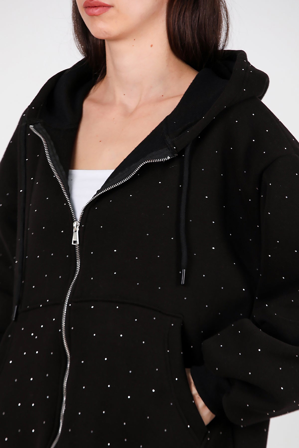Kadın Taş Detay Kapşonlu Önü Fermuarlı Ceket Siyah