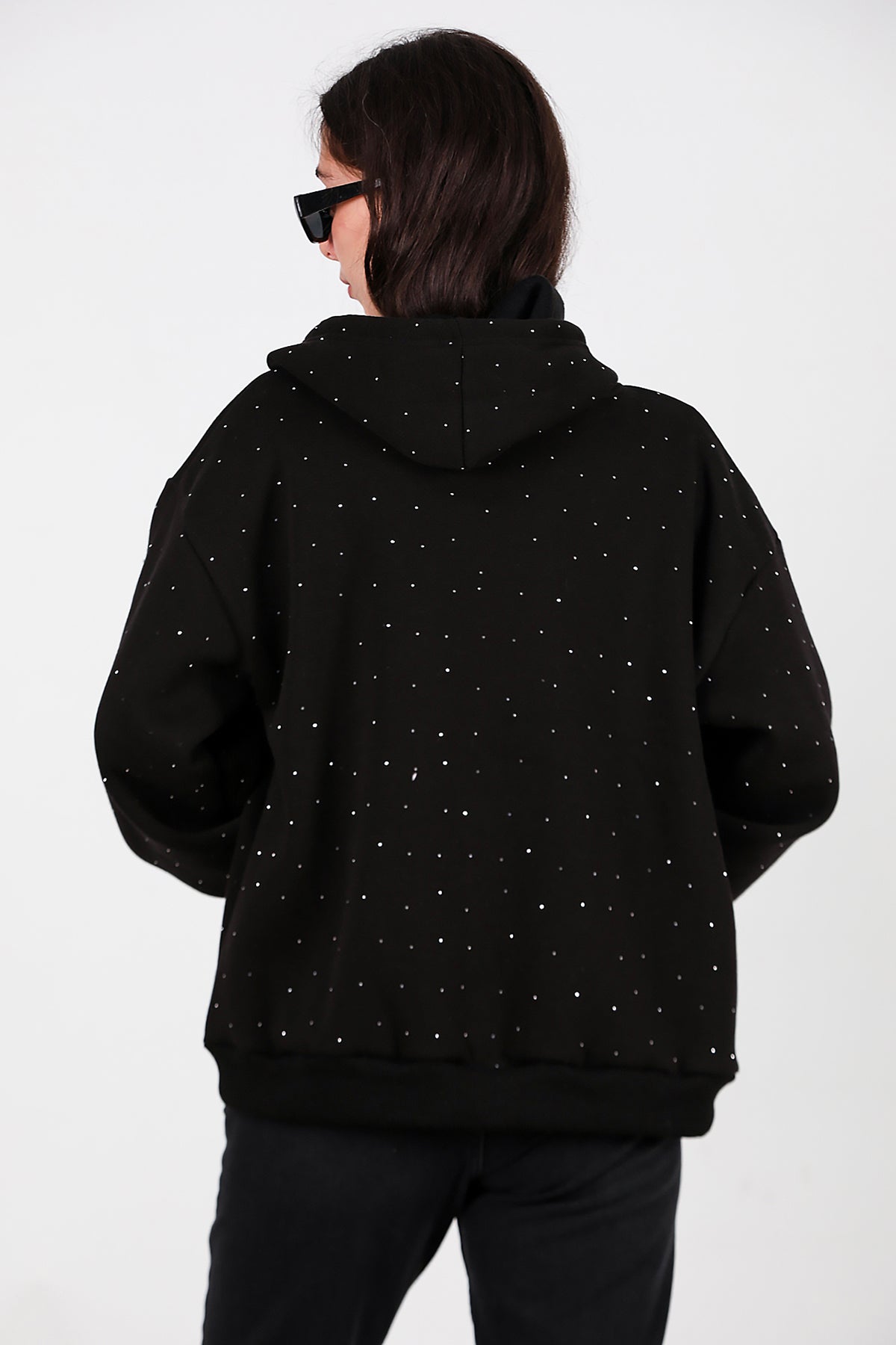 Kadın Taş Detay Kapşonlu Önü Fermuarlı Ceket Siyah