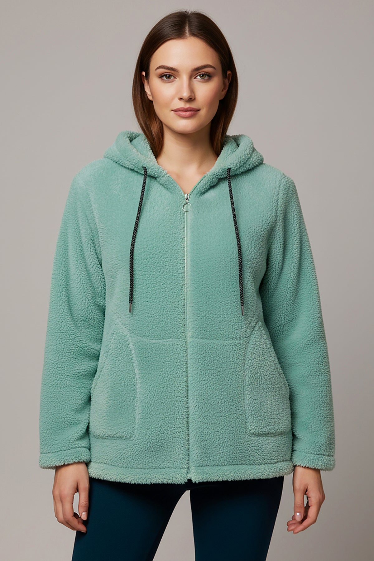 Büyük Beden Kapşonlu Fermuarlı Peluş Ceket Çağla Yeşili