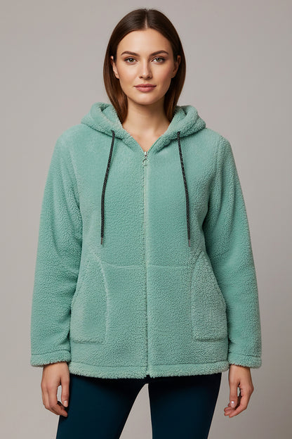 Büyük Beden Kapşonlu Fermuarlı Peluş Ceket Çağla Yeşili