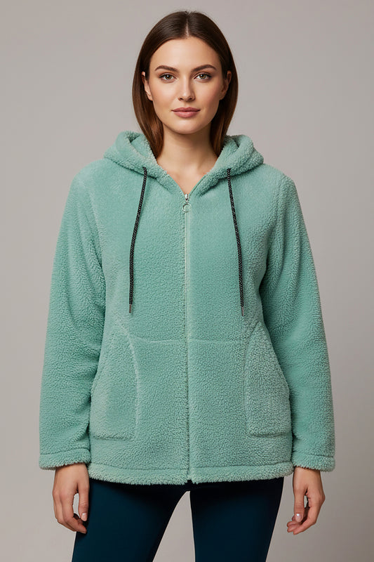 Büyük Beden Kapşonlu Fermuarlı Peluş Ceket Çağla Yeşili