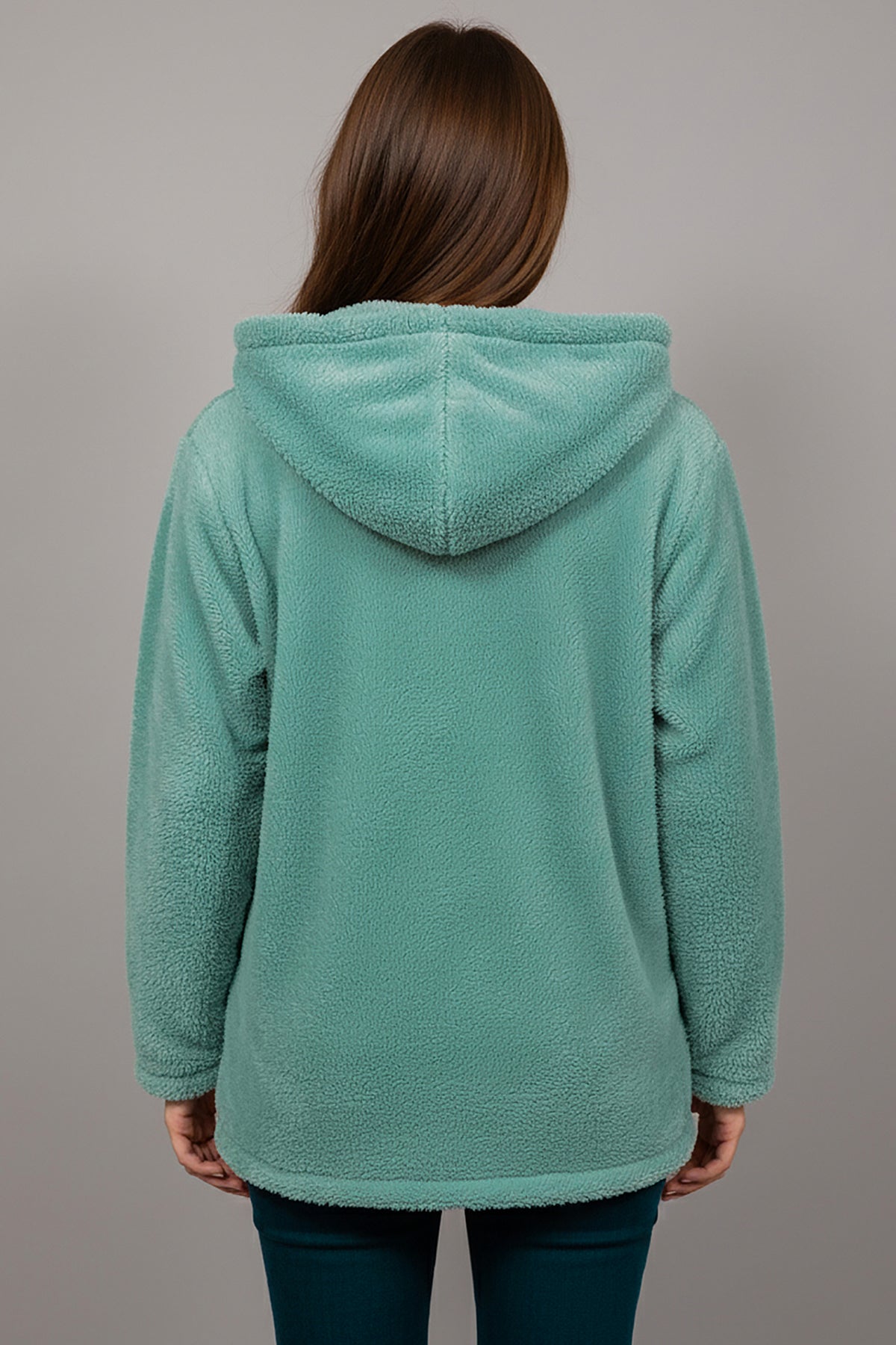 Büyük Beden Kapşonlu Fermuarlı Peluş Ceket Çağla Yeşili
