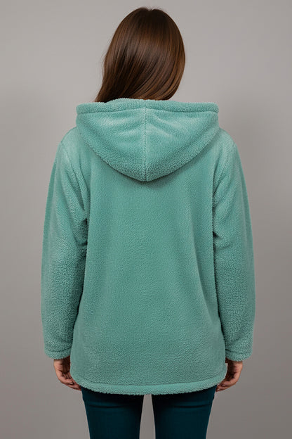 Büyük Beden Kapşonlu Fermuarlı Peluş Ceket Çağla Yeşili