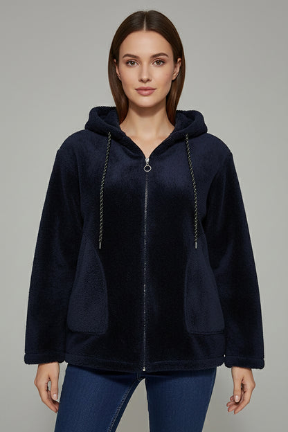 Büyük Beden Kapşonlu Fermuarlı Peluş Ceket Lacivert