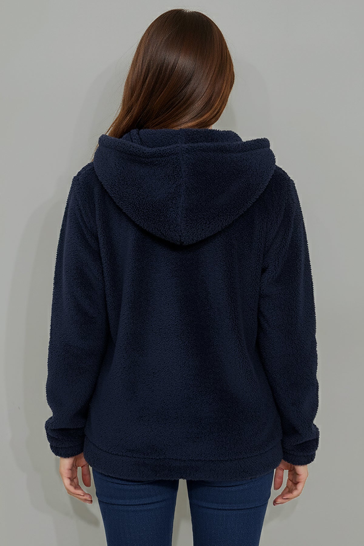 Büyük Beden Kapşonlu Fermuarlı Peluş Ceket Lacivert