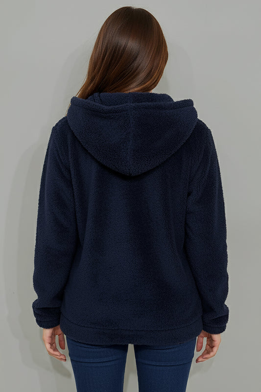 Büyük Beden Kapşonlu Fermuarlı Peluş Ceket Lacivert