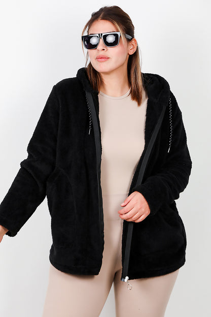 Büyük Beden Kapşonlu Fermuarlı Peluş Ceket Siyah