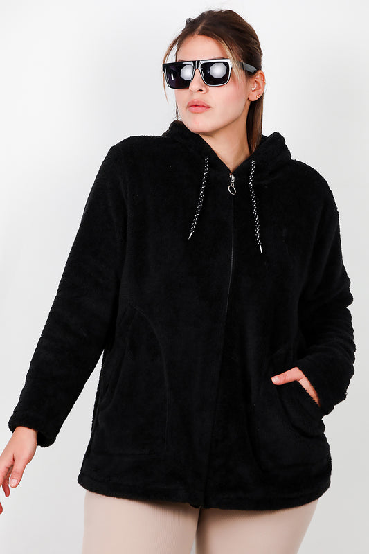Büyük Beden Kapşonlu Fermuarlı Peluş Ceket Siyah
