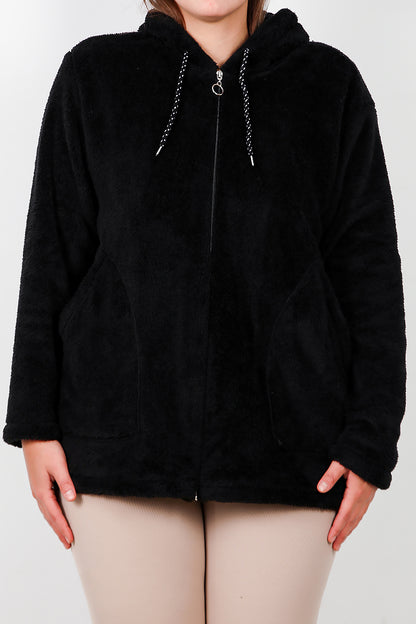 Büyük Beden Kapşonlu Fermuarlı Peluş Ceket Siyah