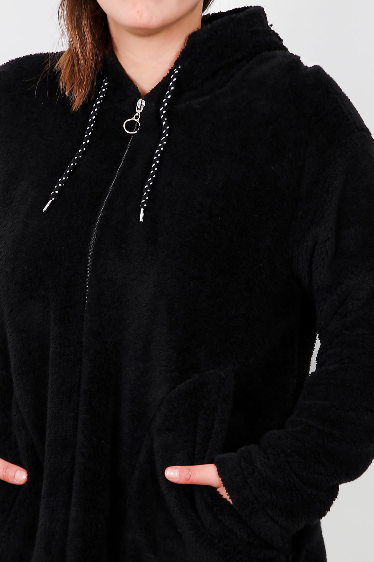 Büyük Beden Kapşonlu Fermuarlı Peluş Ceket Siyah