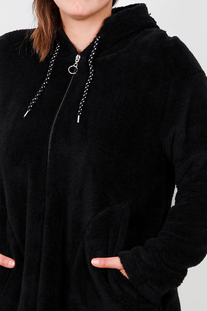 Büyük Beden Kapşonlu Fermuarlı Peluş Ceket Siyah