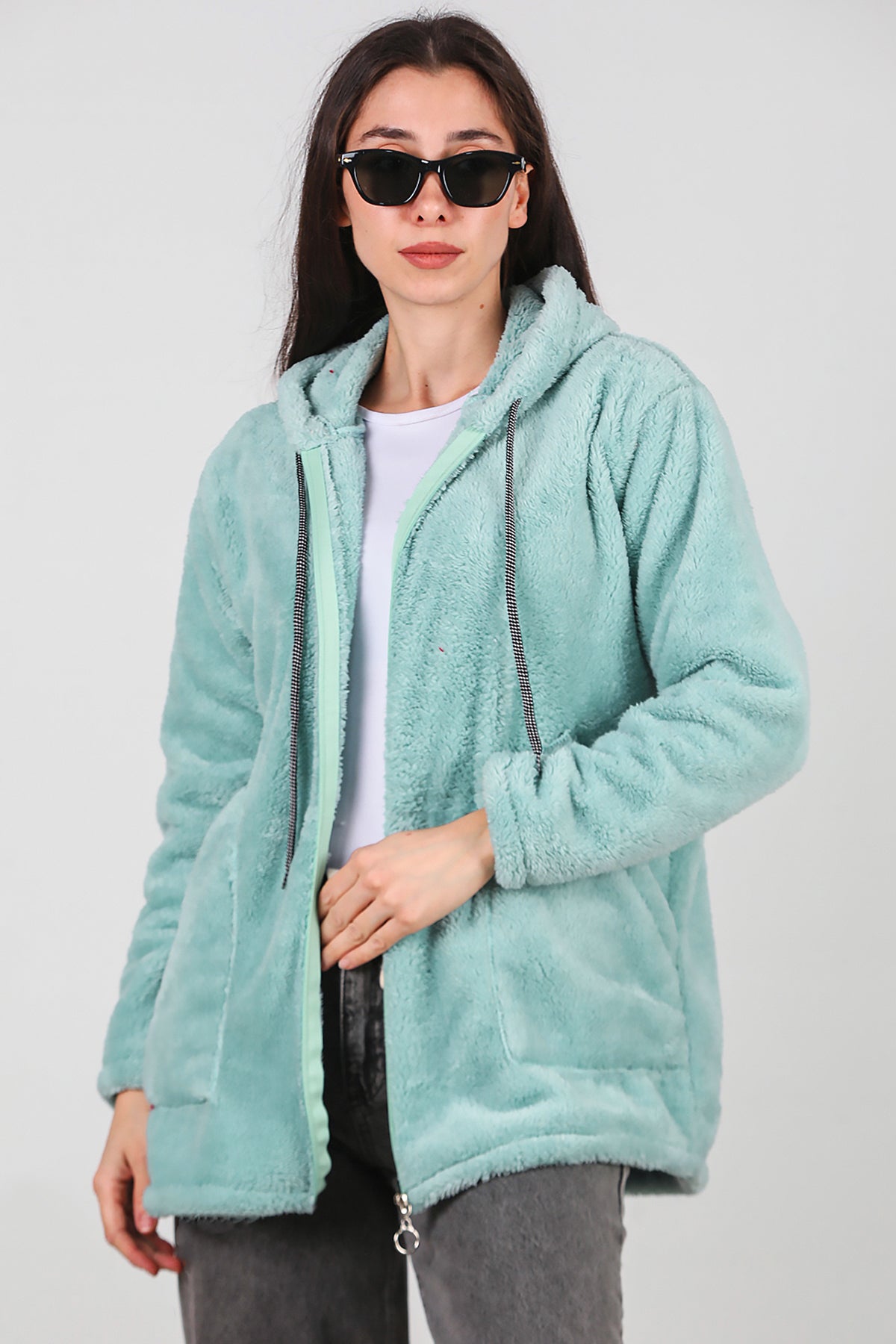 Kadın Kapşonlu Fermuarlı Peluş Ceket Çağla Yeşili
