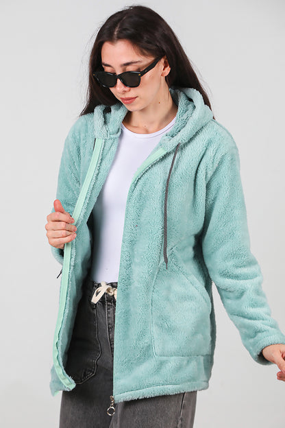 Kadın Kapşonlu Fermuarlı Peluş Ceket Çağla Yeşili