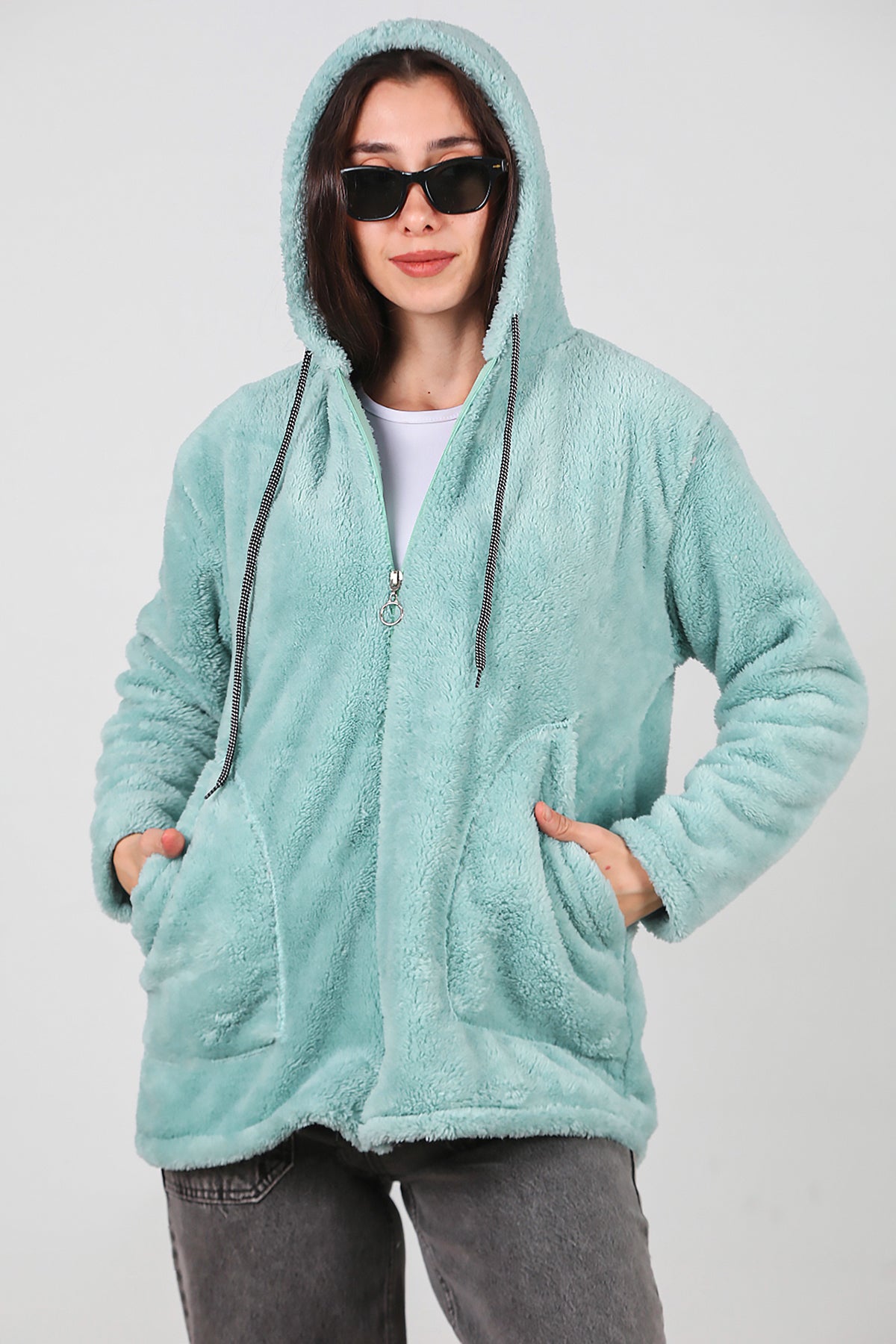 Kadın Kapşonlu Fermuarlı Peluş Ceket Çağla Yeşili