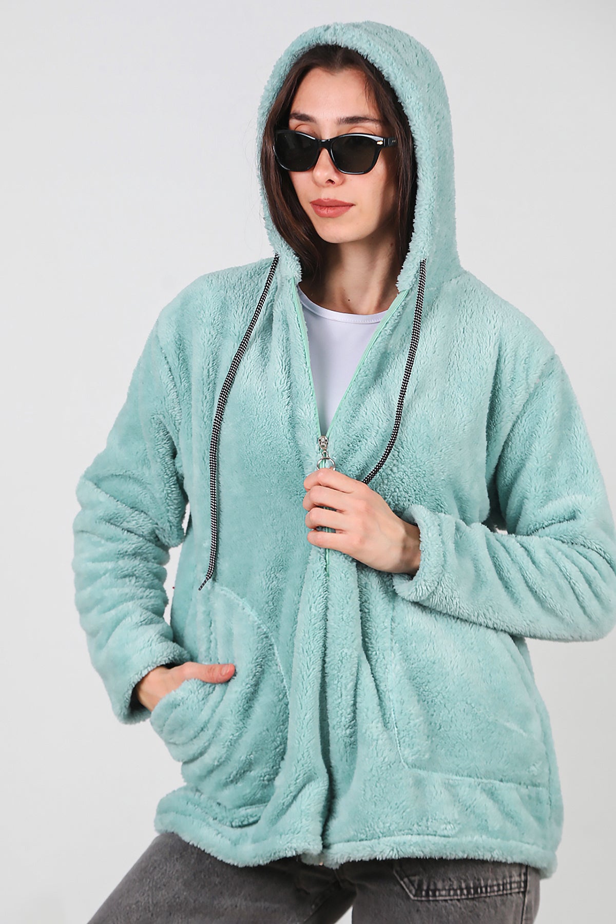 Kadın Kapşonlu Fermuarlı Peluş Ceket Çağla Yeşili