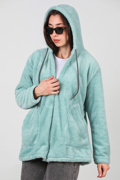 Kadın Kapşonlu Fermuarlı Peluş Ceket Çağla Yeşili