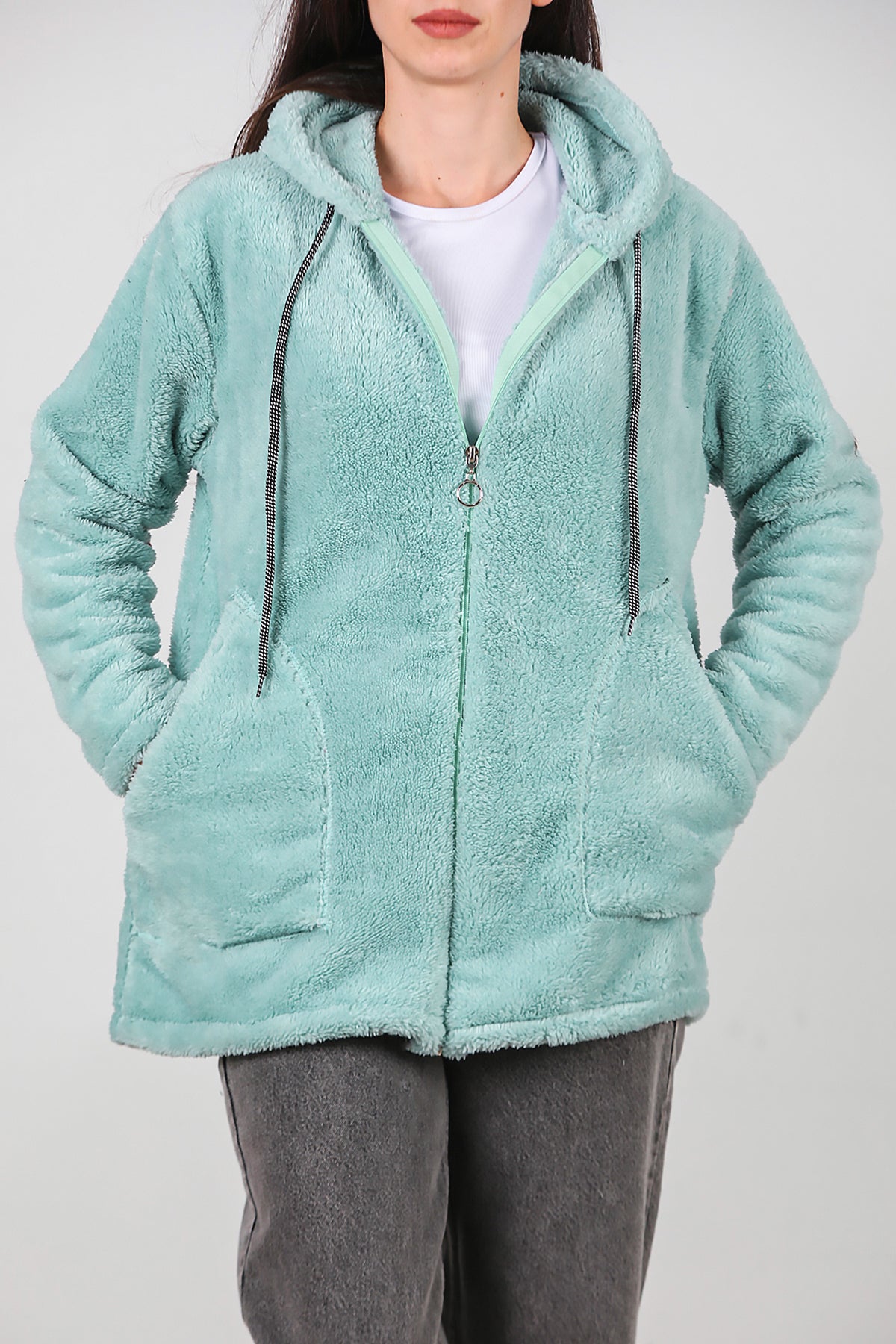 Kadın Kapşonlu Fermuarlı Peluş Ceket Çağla Yeşili