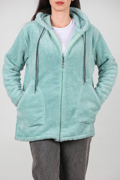 Kadın Kapşonlu Fermuarlı Peluş Ceket Çağla Yeşili