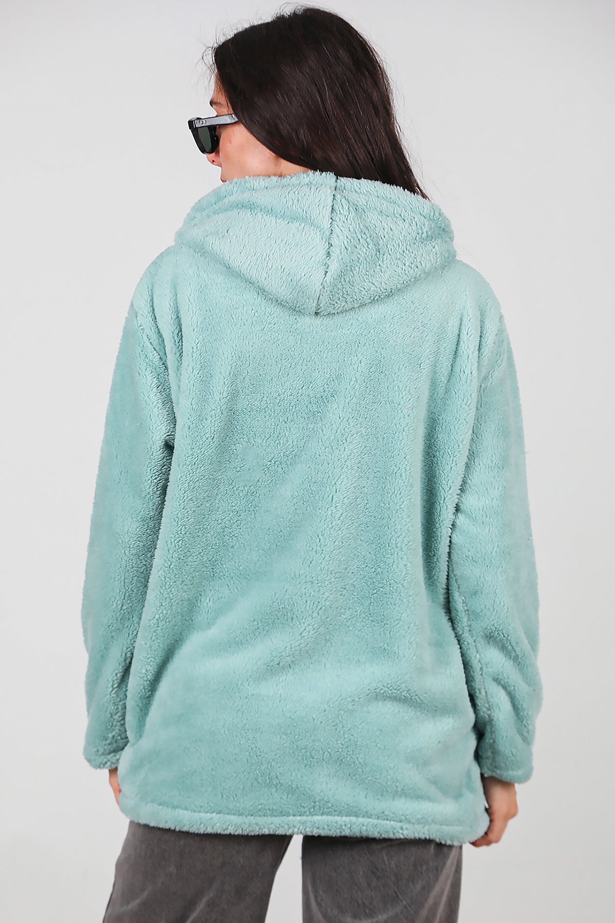 Kadın Kapşonlu Fermuarlı Peluş Ceket Çağla Yeşili