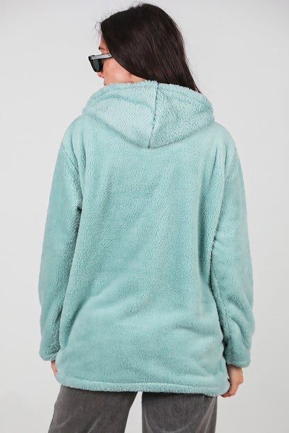 Kadın Kapşonlu Fermuarlı Peluş Ceket Çağla Yeşili