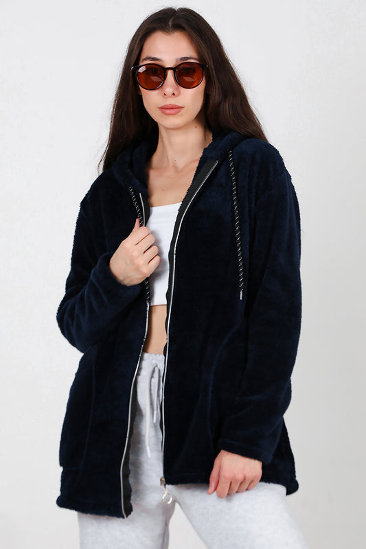 Kadın Kapşonlu Fermuarlı Peluş Ceket Lacivert
