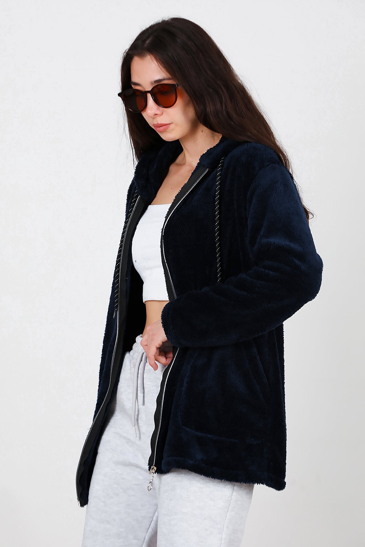 Kadın Kapşonlu Fermuarlı Peluş Ceket Lacivert