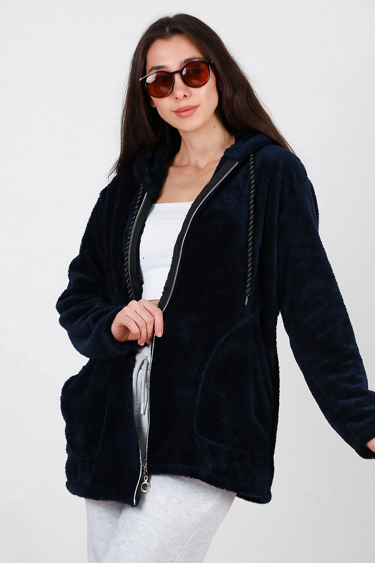 Kadın Kapşonlu Fermuarlı Peluş Ceket Lacivert