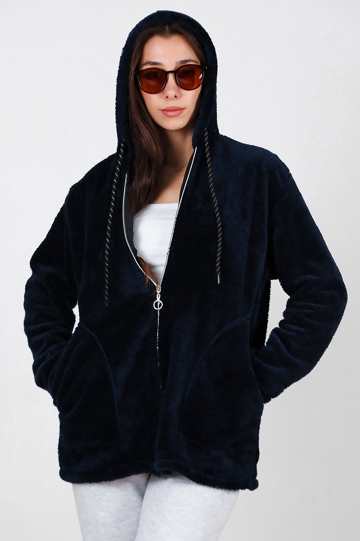Kadın Kapşonlu Fermuarlı Peluş Ceket Lacivert