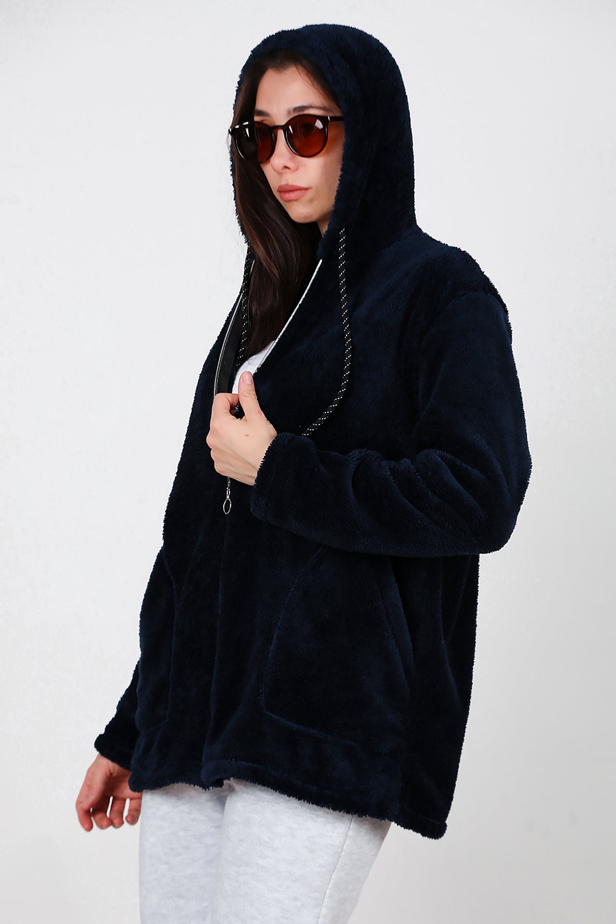 Kadın Kapşonlu Fermuarlı Peluş Ceket Lacivert