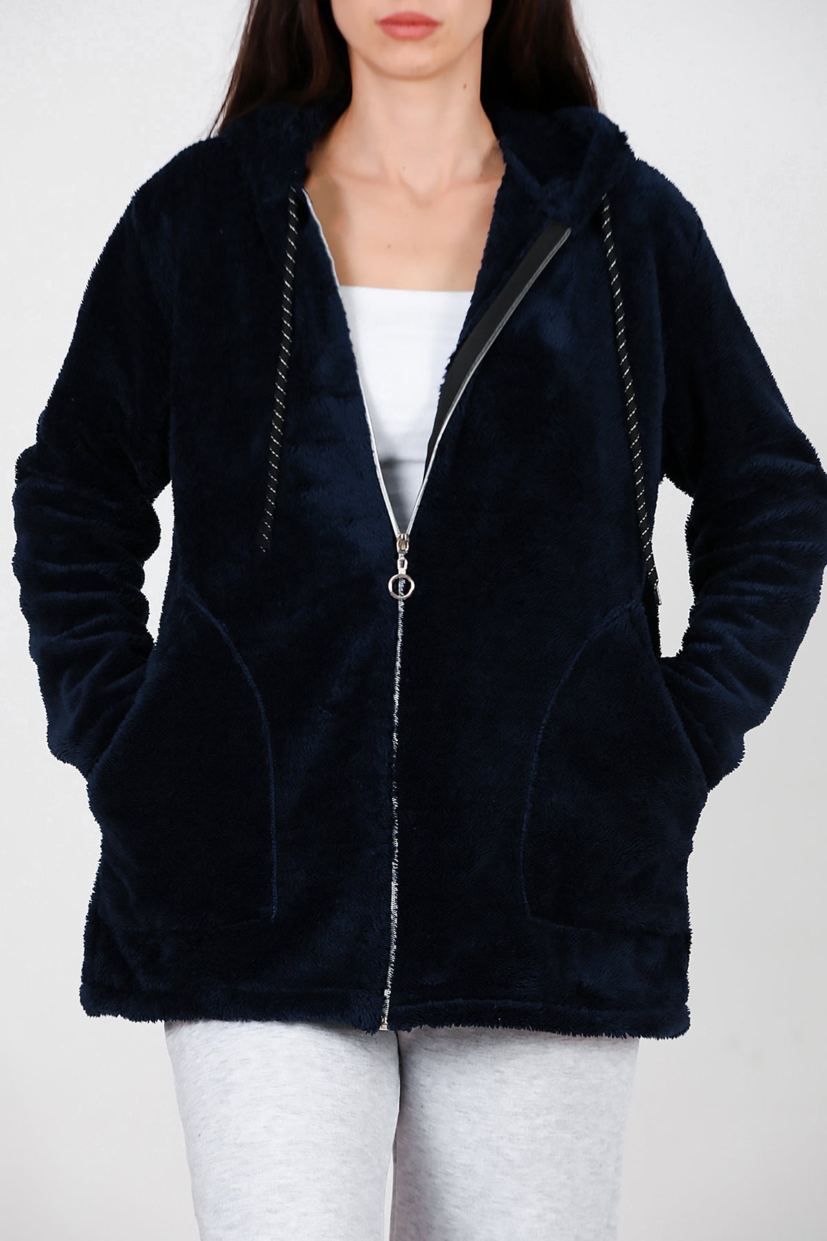 Kadın Kapşonlu Fermuarlı Peluş Ceket Lacivert