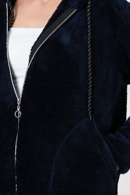Kadın Kapşonlu Fermuarlı Peluş Ceket Lacivert
