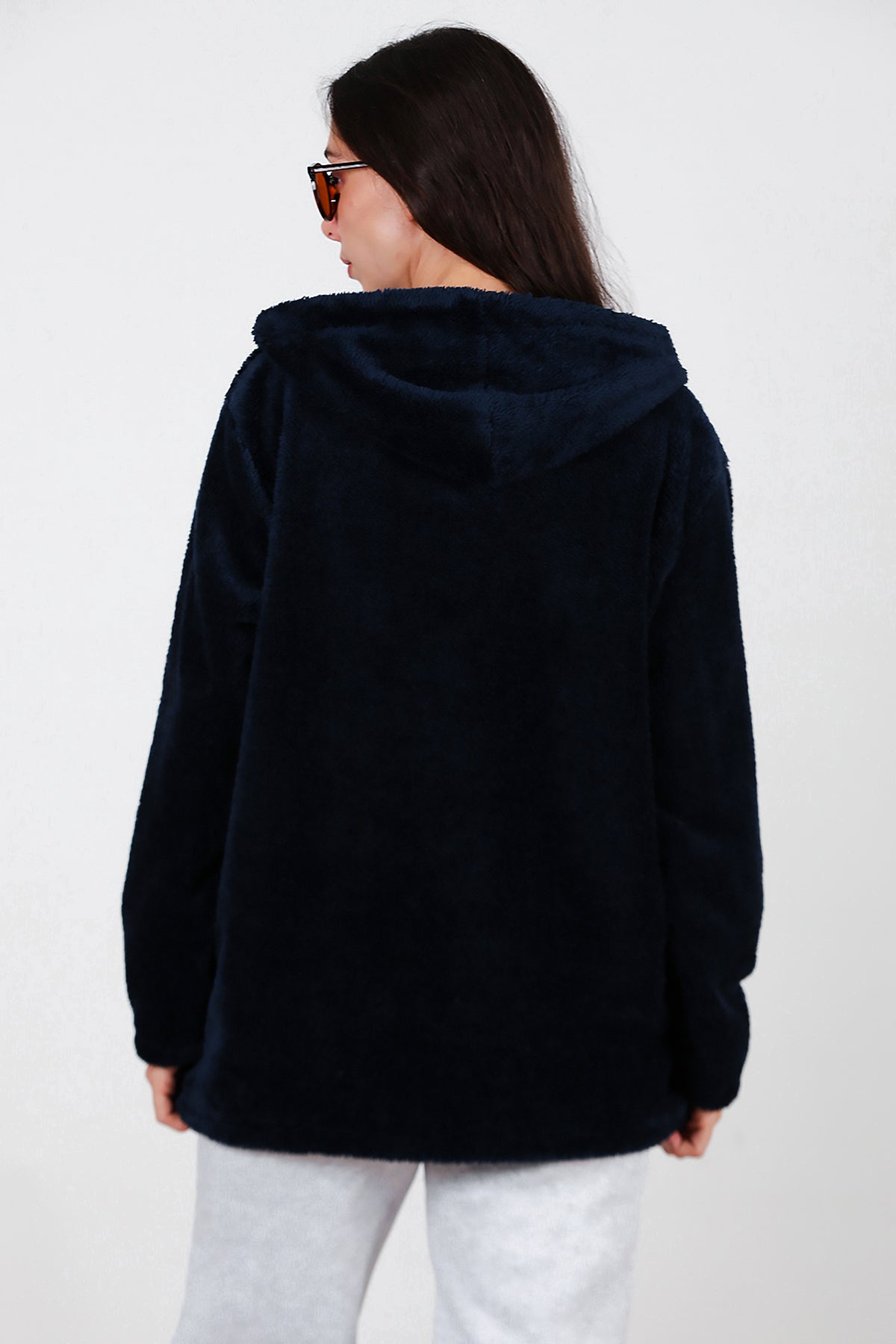 Kadın Kapşonlu Fermuarlı Peluş Ceket Lacivert