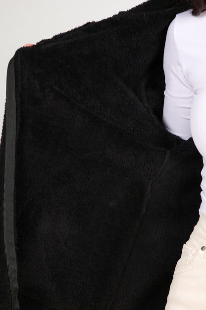 Kadın Kapşonlu Fermuarlı Peluş Ceket Siyah