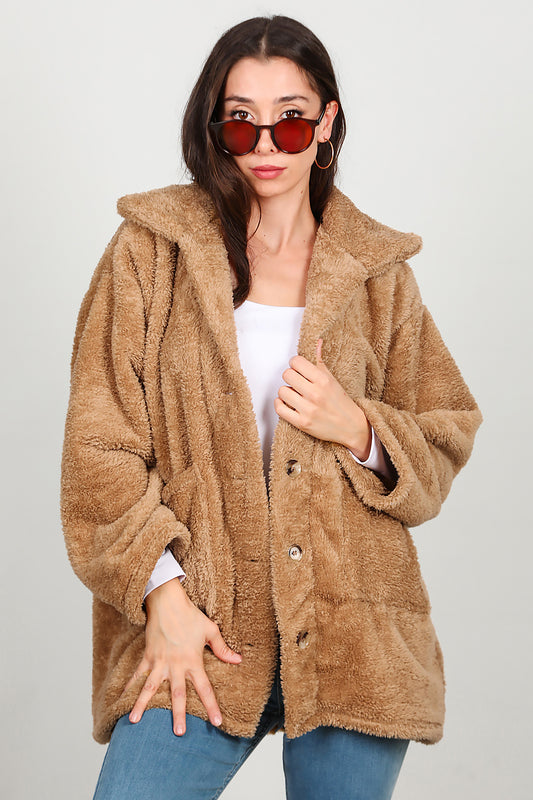 Kadın  Önü Düğmeli Peluş Ceket Bej