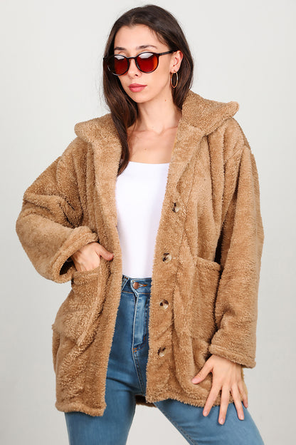 Kadın  Önü Düğmeli Peluş Ceket Bej